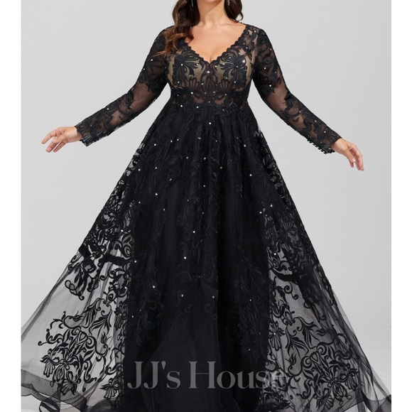 JJs House Elegant Black Lace Long Sleeve Dress